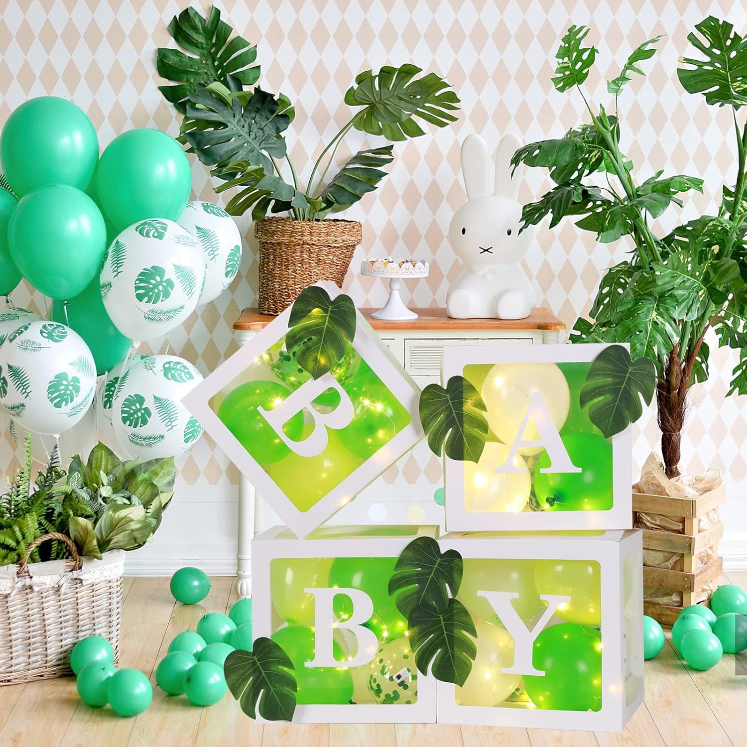 64PCS Sage Green Baby Shower Boxes Decoration with 4 LED String Lights, 50 Balloons,4 BABY Letters, Gold Aluminum Balloon,10 Green Leaves, Baby Shower Blocks for Baby Shower, Gender Reveal Decorations