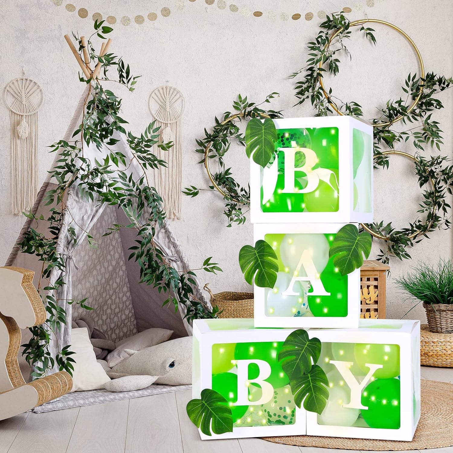64PCS Sage Green Baby Shower Boxes Decoration with 4 LED String Lights, 50 Balloons,4 BABY Letters, Gold Aluminum Balloon,10 Green Leaves, Baby Shower Blocks for Baby Shower, Gender Reveal Decorations