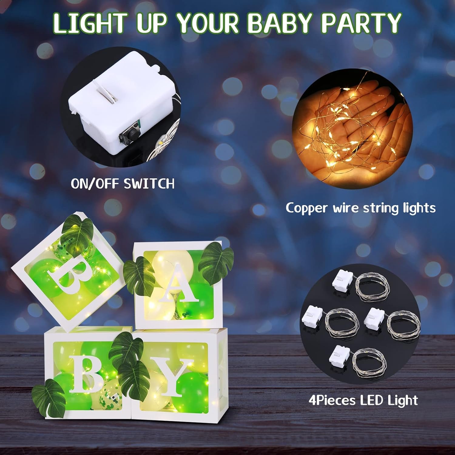 64PCS Sage Green Baby Shower Boxes Decoration with 4 LED String Lights, 50 Balloons,4 BABY Letters, Gold Aluminum Balloon,10 Green Leaves, Baby Shower Blocks for Baby Shower, Gender Reveal Decorations