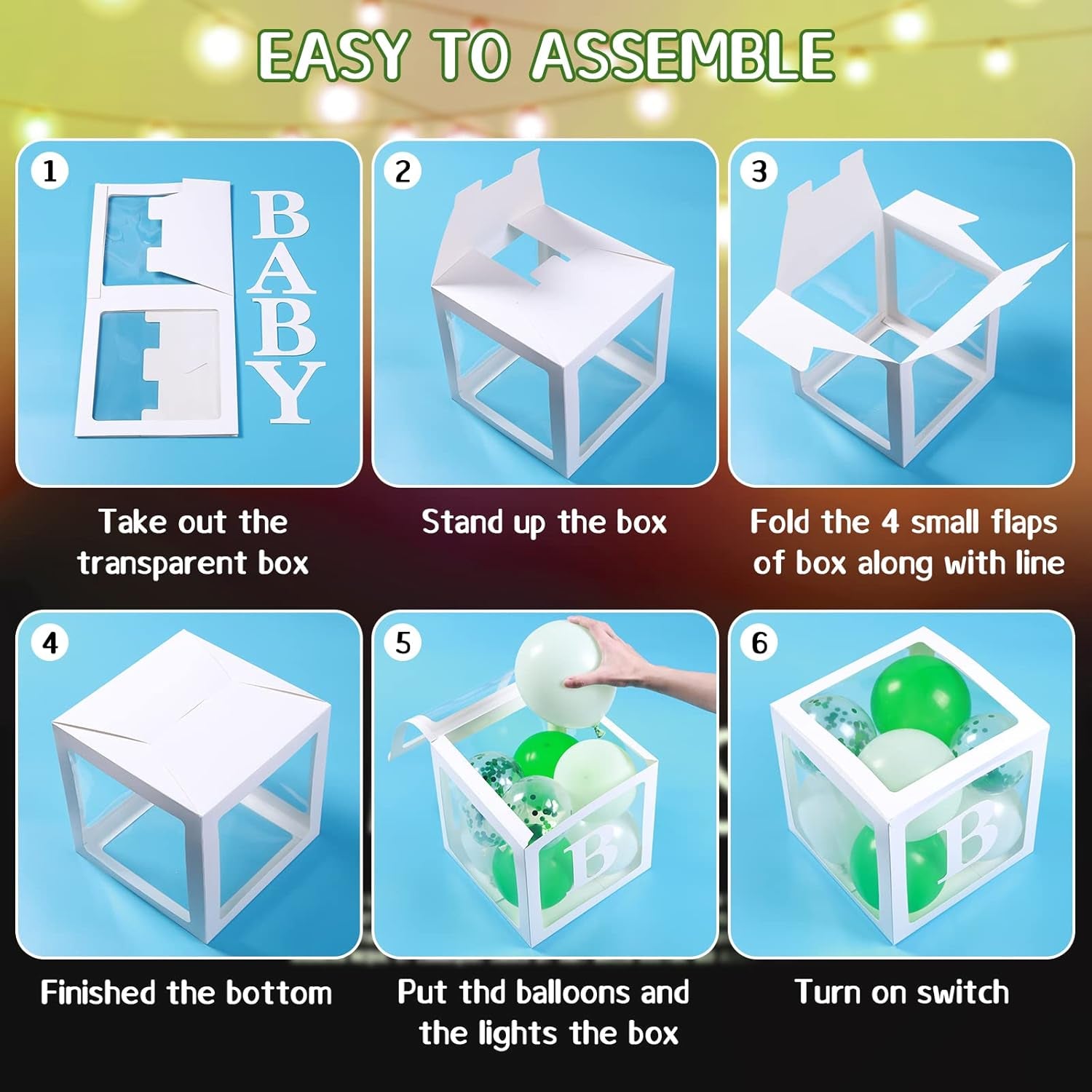 64PCS Sage Green Baby Shower Boxes Decoration with 4 LED String Lights, 50 Balloons,4 BABY Letters, Gold Aluminum Balloon,10 Green Leaves, Baby Shower Blocks for Baby Shower, Gender Reveal Decorations